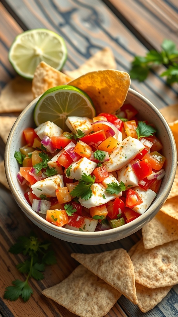 A bowl of fresh sea bass ceviche with lime, cilantro, and tortilla chips on a wooden table.